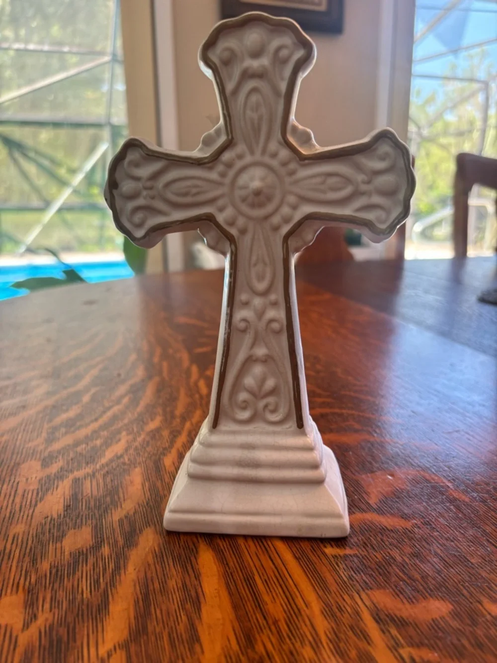Decorative Ceramic Cross Figurine in Cream with Gold Trim